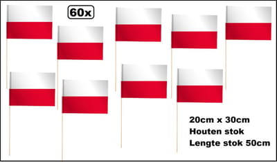 60x Luxe Zwaaivlaggetjes op stok Polen 20cm x 30cm - lengte stok 50cm - Zwaai vlaggetjes thema feest voetbal festival uitdeel