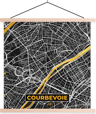 Posterhanger incl. Poster 40x40 cm - Schoolplaat - Plattegrond – Kaart – Stadskaart – Frankrijk – Courbevoie - Textielposter - Blanke latten - Stadskaart