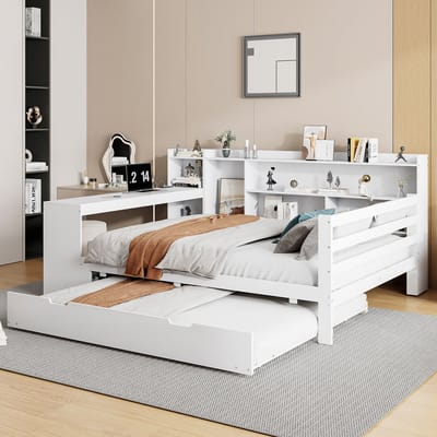 MODFU Bedframe 140x200 cm van hout – wit – met uitschuifbed, bureau en opbergrekken – multifunctioneel
