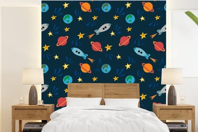 Behang - Fotobehang Patronen - Aarde - Ruimte - Raket - Jongens - Kinderen - Jongetje - Kids - Breedte 220 cm x hoogte 240 cm