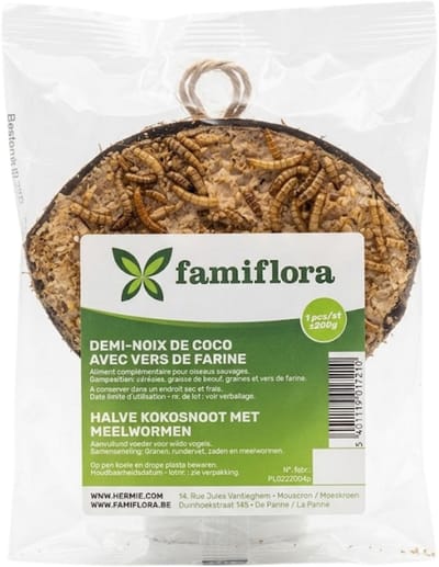 Famiflora Halve Kokosnoot Gevuld - Wilde Vogels - Met Meelwormen - +/- 200g - 100% Natuurlijke houder - Verrijkt met meelwormen - Direct op te hangen