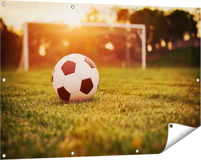 Gards Tuinposter Voetbal met Goal tijdens Zonsondergang - 120x80 cm - Tuindoek - Tuindecoratie - Wanddecoratie buiten - Tuinschilderij