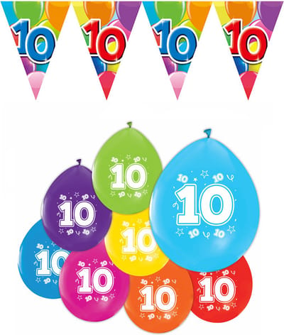 Feestpakket 10 jaar / 8 ballonnen en 1 vlaggenlijn 10 meter - Versiering Slinger Feestdecoratie Decoratie Verjaardag Jubileum Ballon Feest