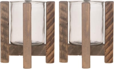 2x Houten theelichthouders/waxinelichthouders op standaard 21 cm - Kaarsenhouders/lantaarns - Sfeer lichtjes