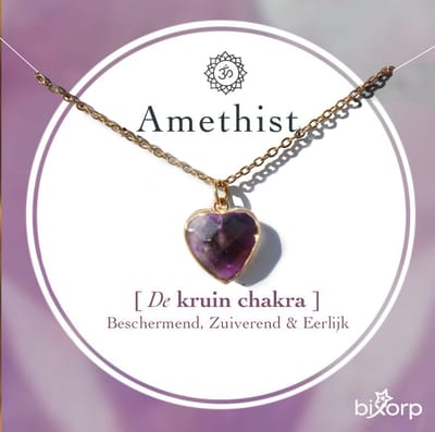 Bixorp Gems Amethist Hartje Ketting - Chakra Ketting met 18k Verguld Goud & Roestvrij staal - 36cm + 8cm verstelbaar