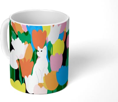Mok - Koffiemok - Tulpen - Kat - Kleurrijk - Mokken - 350 ML - Beker - Koffiemokken - Theemok