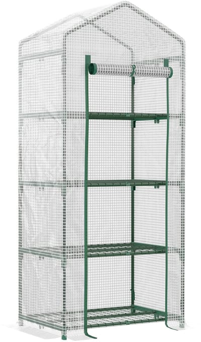 REDOM - Mini Kas - 4 Schappen - Met Oproldeur - Voor Tuin - PVC En Staal - Wit - 70 X 50 X 160 Cm