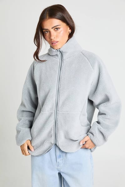 boohoo Dames Oversized Teddy Jas met Rits | Grijs | Maat: 36