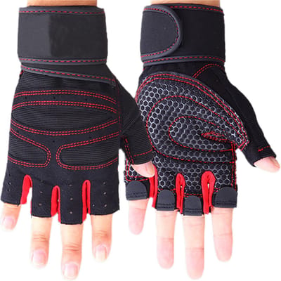 Fitness Handschoenen Voorkomen Uitglijden Ademend Vingerloos Mannen Vrouwen Workout Handschoenen met Polsband voor Gewichtheffen Gym Rood black