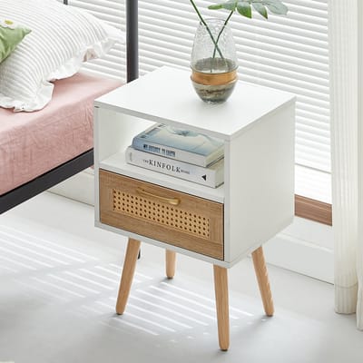 MODENUIT Nachtkastje - Met Lade En Rattan Front - Voor Slaapkamer En Woonkamer - MDF En Hout - 40x30x55 Cm - Wit Naturel