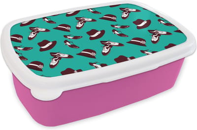 Broodtrommel Roze - Lunchbox - Brooddoos - Antiek - Hoed - Schoenen - Patroon - 18x12x6 cm - Kinderen - Meisje