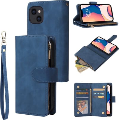 YPCd Wallet Case Pasjeshouder met Rits – Geschikt voor Apple iPhone 14 – Luxe Bookcase Hoesje met 6 Pasjesvakken & Polsbandje – Blauw