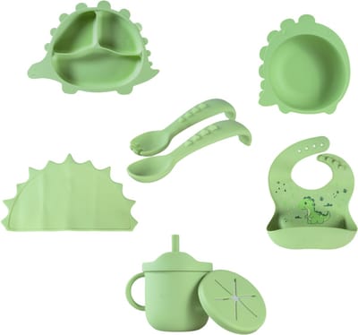 Sproudsy Serviesset Dino - Kinderservies - Kraamcadeau - Baby - 6-delig - Olive