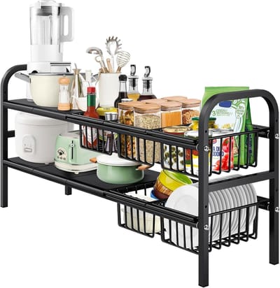 Uitschuifbare organizer voor onder de gootsteen met 2 niveaus, opbergrek met mand, eenvoudig te monteren, breedte 53-88 cm, diepte 24,7 cm, hoogte 48,5 cm