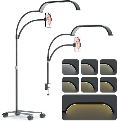 2-in-1 Halve Maan LED Lamp met Telefoonhouder en Wielstandaard - Dimbaar Licht voor Wimperverlenging en Tattoo
