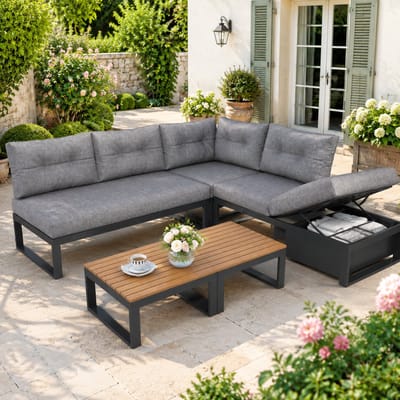 Tuinmeubelset, Tuineetset, Veelzijdige Tuinset met 3-voudig Verstelbare Rugleuning en Ligfunctie, Dikke Comfortabele Kussens, Opbergruimte en Weerbestendige Polyester Hoes – voor Terras, Balkon en Tuin - Grijs
