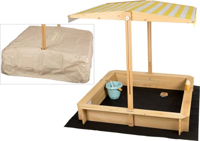need&wants® zandbak met dakbank en onderstel vliesfolie, met deksel Oxford 600D, zandbak hout rechthoekig met banken buitentuin kinderen UV-zonwering, 113x113x113 cm, geel wit bruin