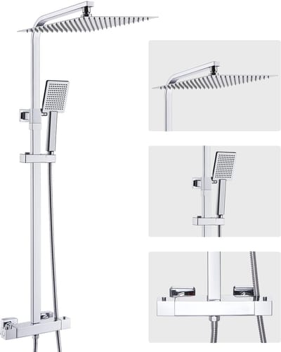 Auralum MAX Regendouche Met Thermostaatkraan - Doucheset - Verstelbare Hoogte 81-124 cm - 30x30 cm Douchekop - RVS Regendoucheset - Doucheset - Waterbesparend - Chroom