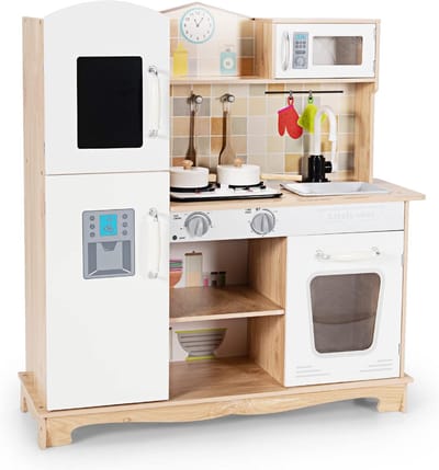 COSTWAY Kinderkeuken, hout, speelkeuken met licht en geluid, houten keuken met spoelbak, oven, magnetronfornuis en kookgerei, voor kinderen van 3 tot 7 jaar, 81 x 29 x 88,5 cm