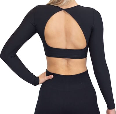Fittastic Sportswear - Noir Zwarte sportshirt dames - Sport crop top Noir Zwart - Long sleeve backless sportshirt dames - Backless sport crop top met open rug - Maat S - Backless top - Yoga top - Hardloopshirt - Dames - Noir Zwart - Maat S