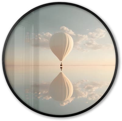 Poster in lijst Rond - Fotolijst 60x60 cm - Posters - Luchtballon - Wolken - Water - Blauw - Ronde posterlijst zwart - Decoratie - Wanddecoratie woonkamer - Muurdecoratie slaapkamer
