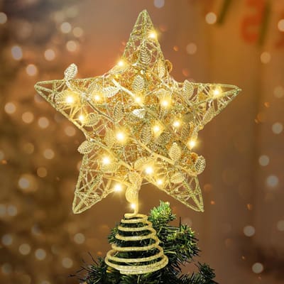 Gouden LED Ster voor Kerstboomdecoratie met IJzeren Bladeren en Opengewerkt Ontwerp, Batterijgevoed en Perfect voor Feestdagen