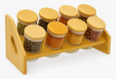 Kruidenrek 2 laags - glazen potten bamboe deksels - 9-delig - 160 ml - houten rek