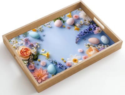 Dienblad hout 50x35 cm - Schootdienblad - Bloemen - Pastelkleuren - Paaseieren - Borrelplank rechthoek - Plateau dienbladen