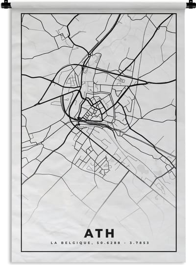 Wandkleed - Wanddoek - België – Ath – Stadskaart – Kaart – Zwart Wit – Plattegrond - 120x180 cm - Wandtapijt