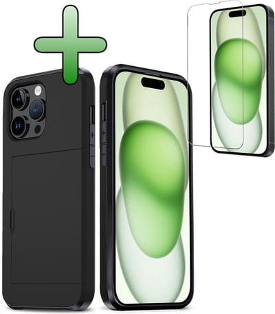 Hoes Geschikt voor iPhone 15 Pro Hoesje Hard Case Met Pas Houder Met Screenprotector - Hoesje Geschikt voor iPhone 15 Pro Hoes Shockproof Hard Cover Met Kaarthouder - Zwart