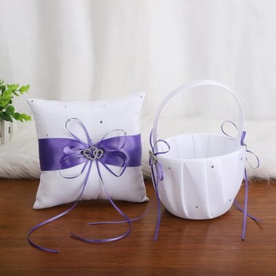 2 Stks Bruiloft Bloemenmeisje Mand en Ringkussen Set, Dubbel Hart Strass Wit Satijn Bruiloft Mand en Ring Kussenset, Bruiloft Bloemblaadjes Opbergmand voor Jubileumvieringen Feest(Paars)