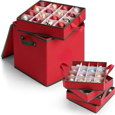 Famanu - Opbergdoos voor kerstballen met verstelbare scheidingswanden, voor kerstdecoraties, 4 niveaus, afneembaar met handgrepen, 64 zakken, 32 x 32,5 x 33 cm