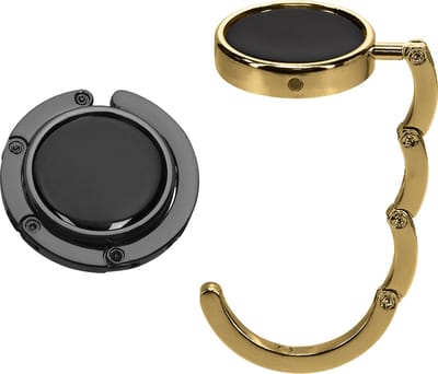 kwmobile tashanger voor tafels - 2 stuks - Uitvouwbare tassenhanger - Draagbare Tassenhaak - Hang je tas veilig op in restaurant en bar - In mat zwart / goud