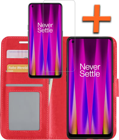 Hoes - Met Screenprotector - Geschikt voor OnePlus Nord CE 2 - Luxe Pasjeshouder - Bookcase Portemonee - Flip Case - Kunstleer Book Case - Flipcase - Book Cover - Walletcase - PortemonneeHoes - Rood