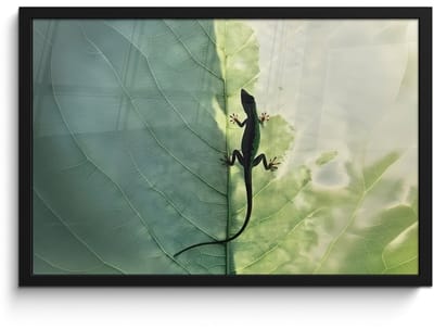 Poster in lijst - Fotolijst 60x40 cm - Posters - Hagedis - Blad - Nerven - Groen - Posterlijst zwart - Decoratie - Wanddecoratie woonkamer - Muurdecoratie slaapkamer