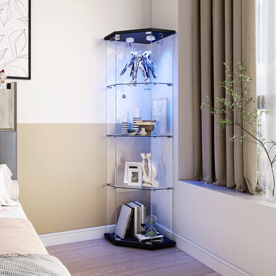 Glazen hoekvitrine met LED-verlichting en 4-laags vitrinekast met glazen deuren, voor verzamelobjecten en sterke drank, zwart