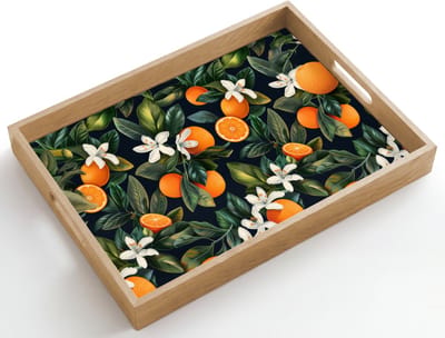 Dienblad hout 50x35 cm - Schootdienblad - Sinaasappels - Bloesems - Bladeren - Tropisch - Borrelplank rechthoek - Plateau dienbladen