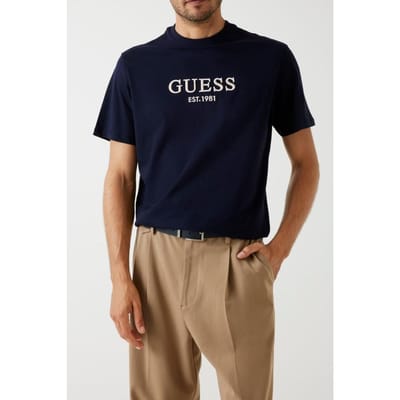 GUESS Cn Ss Embroidery Log Smart Blue Maat: S | Basic T-Shirts Outlet | Heren | Blauw
