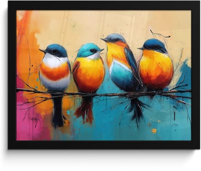 Poster in lijst - Fotolijst 40x30 cm - Posters - Vogels - Kleurrijk - Tak - Abstract - Posterlijst zwart - Decoratie - Wanddecoratie woonkamer - Muurdecoratie slaapkamer