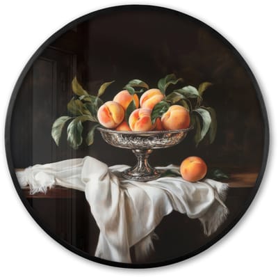 Poster in lijst Rond - Fotolijst 60x60 cm - Posters - Stilleven - Perziken - Vintage - Ronde posterlijst zwart - Decoratie - Wanddecoratie woonkamer - Muurdecoratie slaapkamer