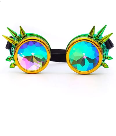 KIMU® Goggles Steampunk Bril Met Spikes - Geel Groen Montuur - Caleidoscoop Glazen - Olie Spacebril Space Caleidoscope - Natural High Festival
