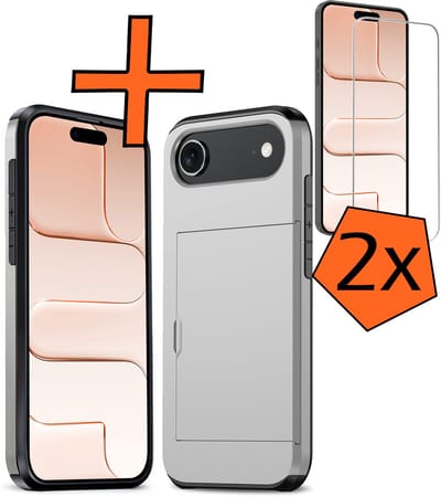 Hoesje Geschikt voor iPhone Air Hoesje Pasjeshouder Shockproof Hard Case Met 2x Screenprotector - Hoesje Geschikt voor iPhone Air Hoes Met Kaarthouder - Grijs