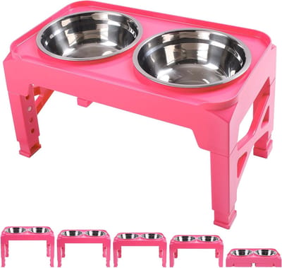 Verhoogde Hondenbakken - Hondenvoerbakken - Ergonomisch Eten - 5 Hoogtes Verstelbaar - 40 Ounces - Roze