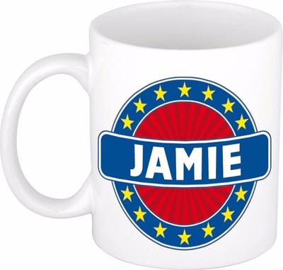 Bellatio Decorations - Jamie voornaam - koffiemok - beker - wit/blauw - 300 ml - Cadeau - Heren - Collega - Vaderdag - Verjaardag