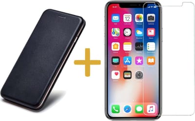 Hoesje Kunstlederen Book Case geschikt voor Apple iPhone Xs / X + Screenprotector Tempered Glass - Zwart Siliconen iCall Wallet