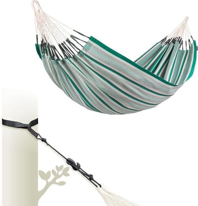 LA SIESTA® Modesta Dubbele hangmat van biologisch katoen & boom- en paalbevestiging - Hangmat voor buiten binnen met riem - Draagbare hangmat van katoen, hangmat voor 2-zits voor tuin, balkon, zwembad