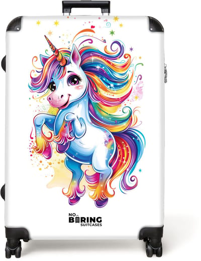 NoBoringSuitcases.com® - Koffer groot - Reiskoffer lichtgewicht - Steigerende eenhoorn met regenboogmanen - Rolkoffer met 4 wielen - Grote trolley XL - 98 liter bagage