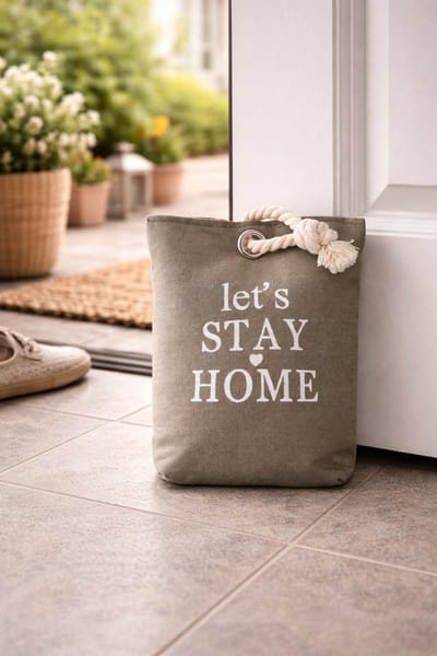 Deurstopper Grijs Canvas – Deurstop Zak met Tekst “Let’s Stay Home” – Decoratieve Deurstop – Met Touwhandvat