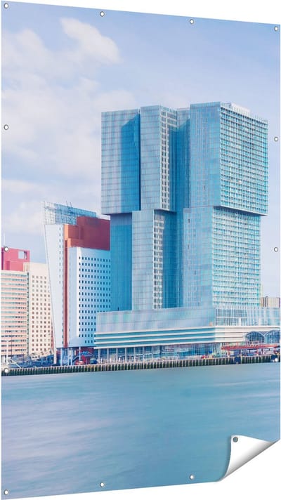Gards Tuinposter Rotterdamse Skyline aan het Water - 120x180 cm - Tuindoek - Tuindecoratie - Wanddecoratie buiten - Tuinschilderij