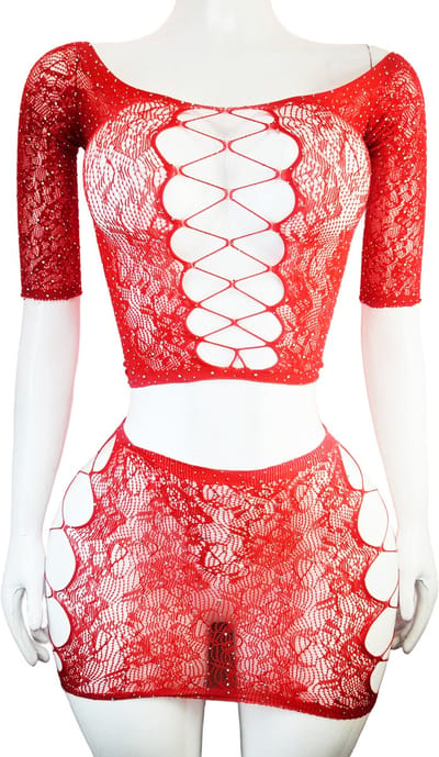 BamBella® - 2 delig set - Onesize - Erotische sexy nacht set rok met top handschoenen Rood doorzichtig kant - Super Stretch